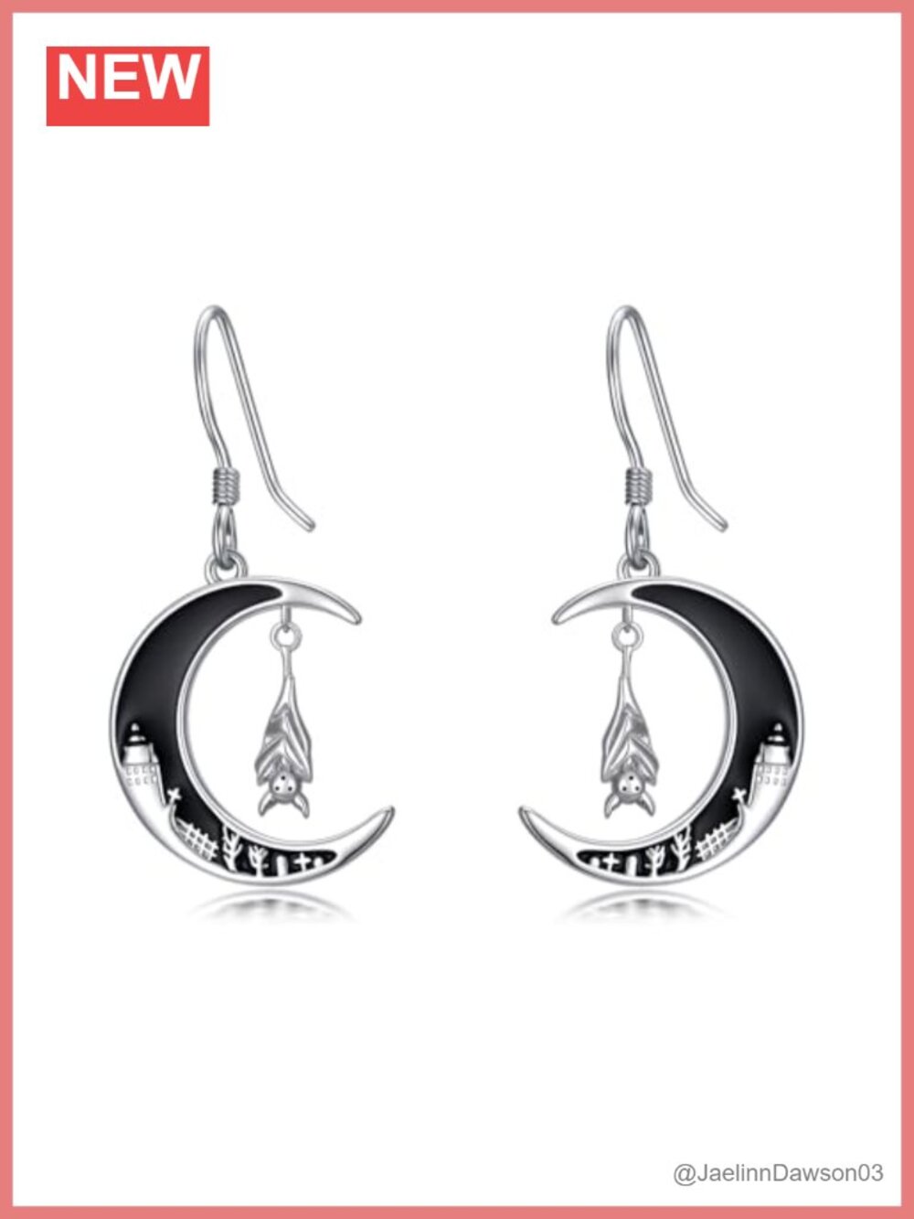 Sterling Silver Dangle Drop Earrings Moon Bat Gothic Women
